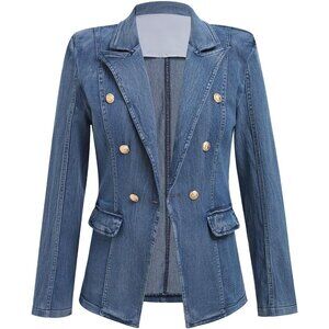 Denim Blazer Women Notch Collar One Button Office Work Outfits Casual